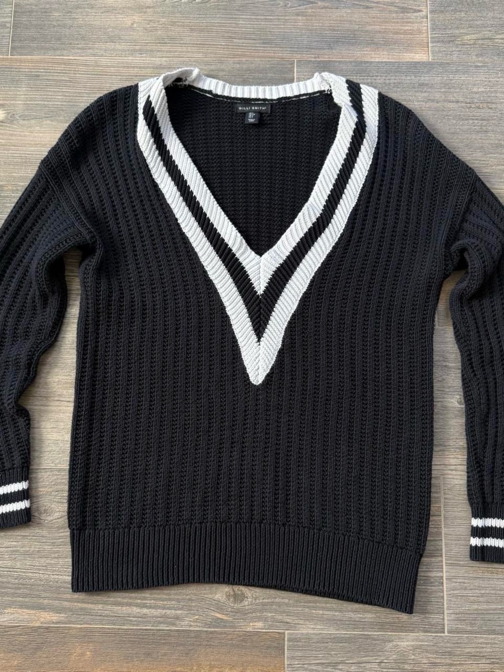 Willi Smith Black V-Neck Sweater with White Stripe Detail 100% cotton